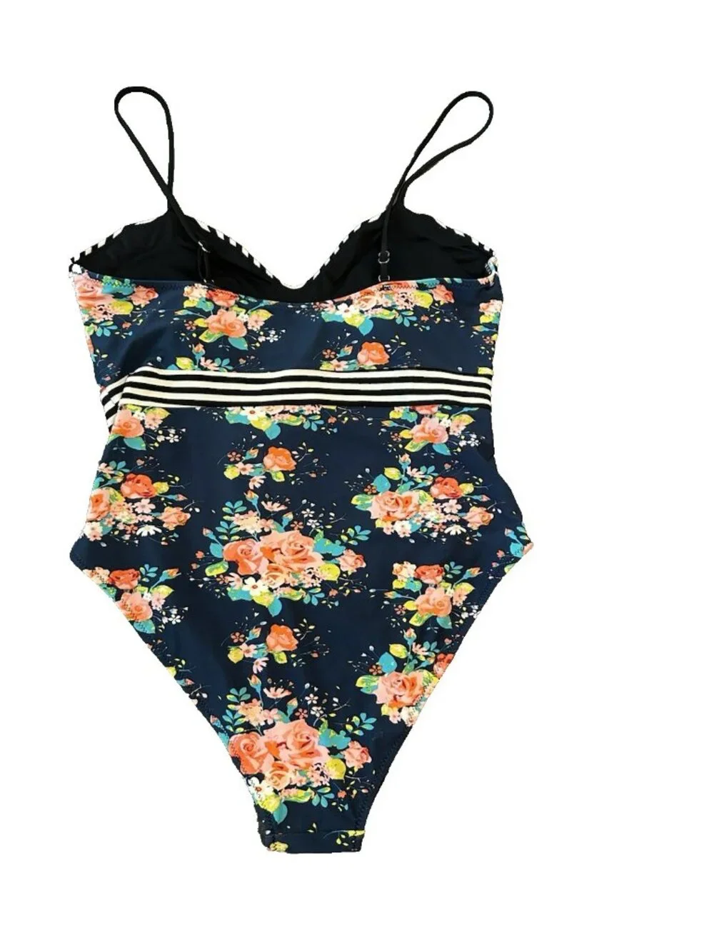 Cupshe One Piece Swimsuit‎ L Floral Stripe Navy Pink Padded Adjustable Straps